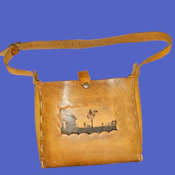 Vintage Hand Tooled Leather Shoulder Bag Rustic Farm Scene Adjustable Strap - Picture 1 of 6